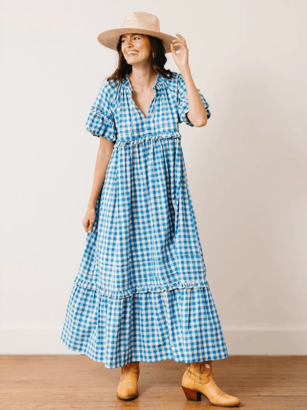 Blue Gingham Tiered Maxi Dress with Puff Sleeves - Women